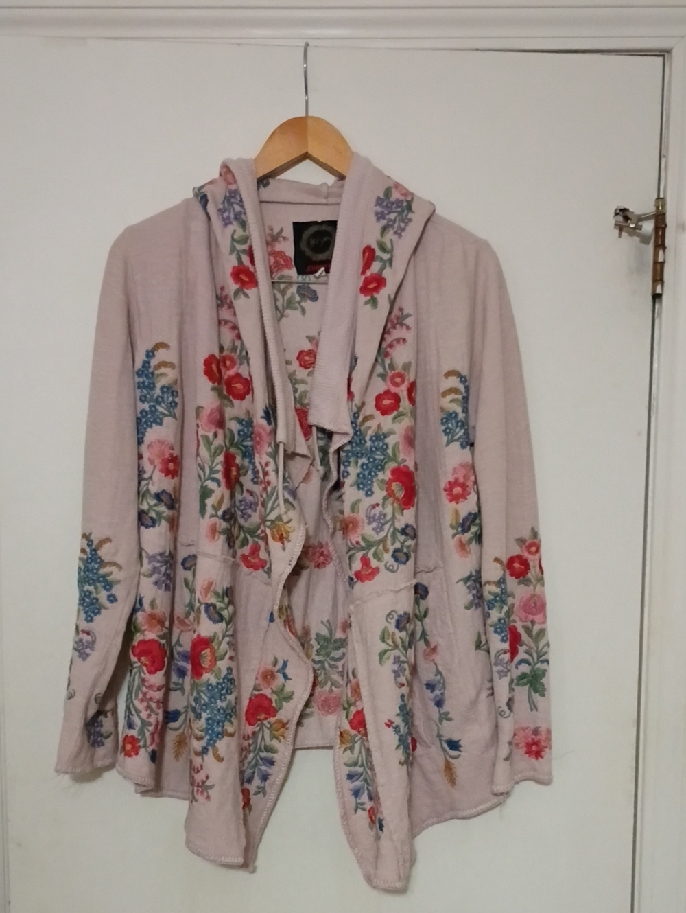 Johnny Was Biya Blush Pink Floral Embroidered Hooded Cardigan